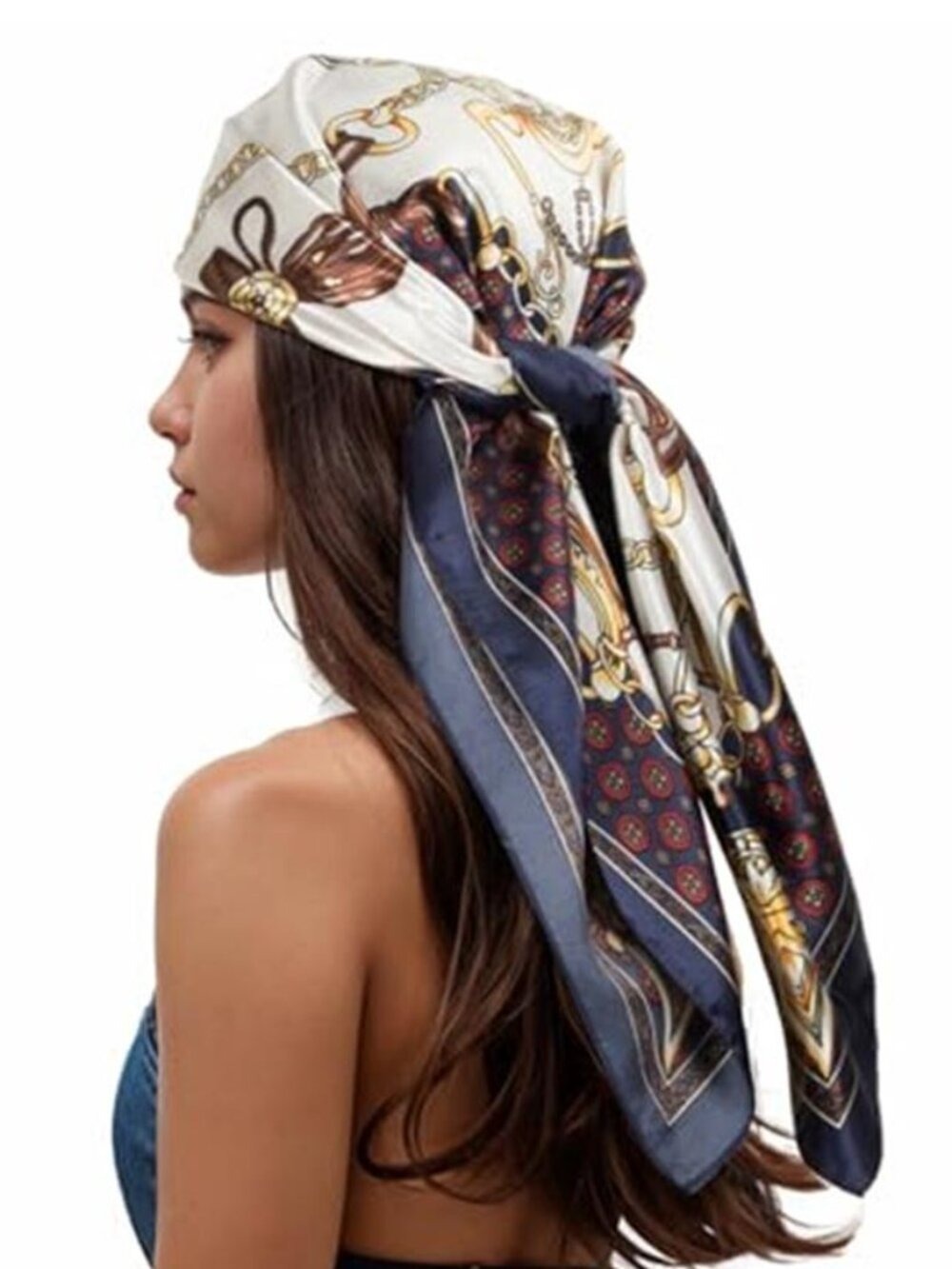 Head Scarf Like Silk Scarf Hair Scarf Printed Square Scarf Chain in Navy & Gold